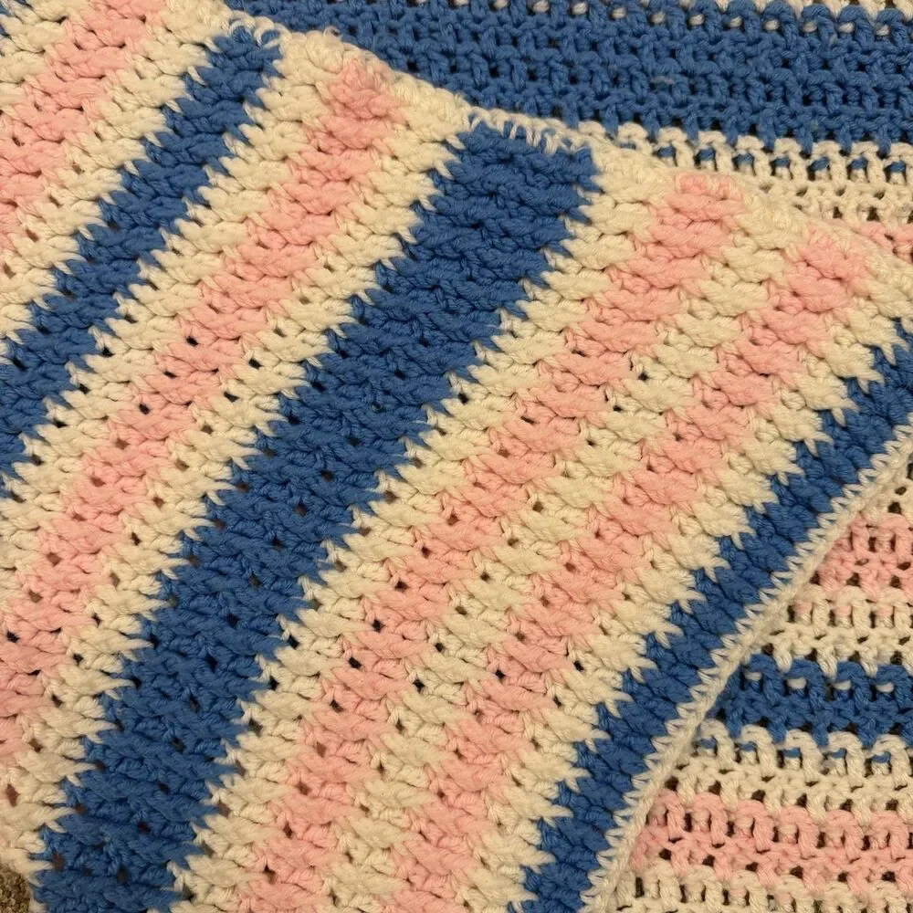 Crocheted Baby Blanket 50x80 Inches Blue Pink and White Handmade Soft Thick Nice